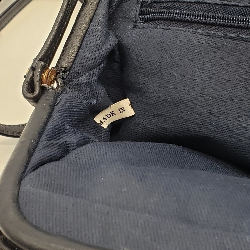 VINTAGE women dark navy blue bag crossbody soft leather 3 compartments lined - Picture 8 of 14